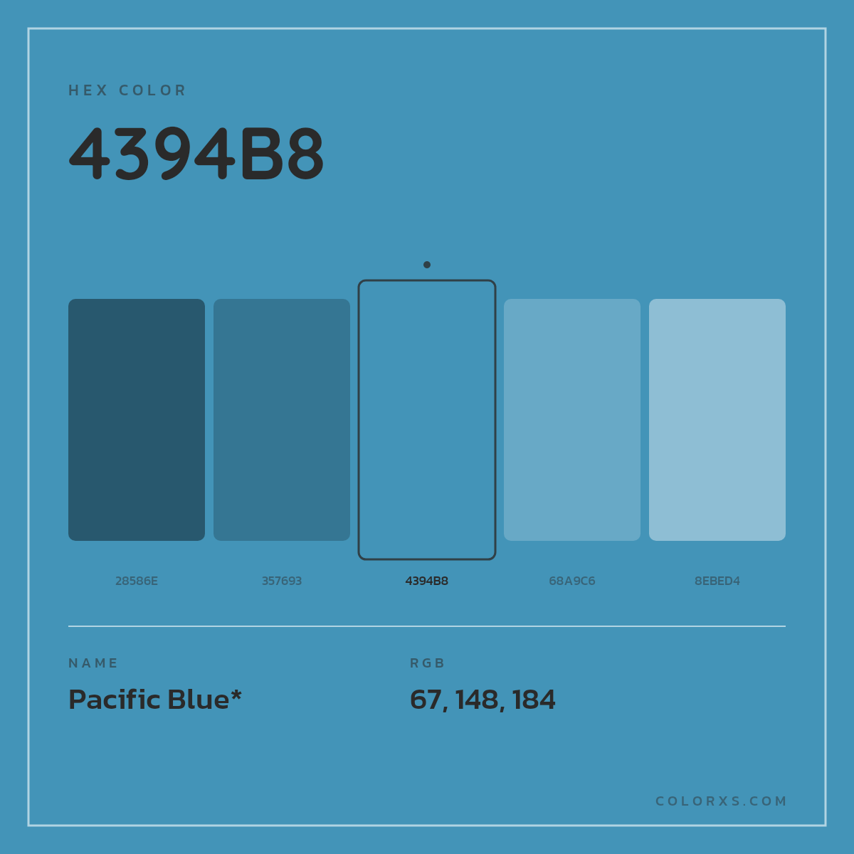#4394B8 hex color. RGB, RYB, CMYK, HSL, HSV codes and color conversions. Matching color names, palettes, paints.