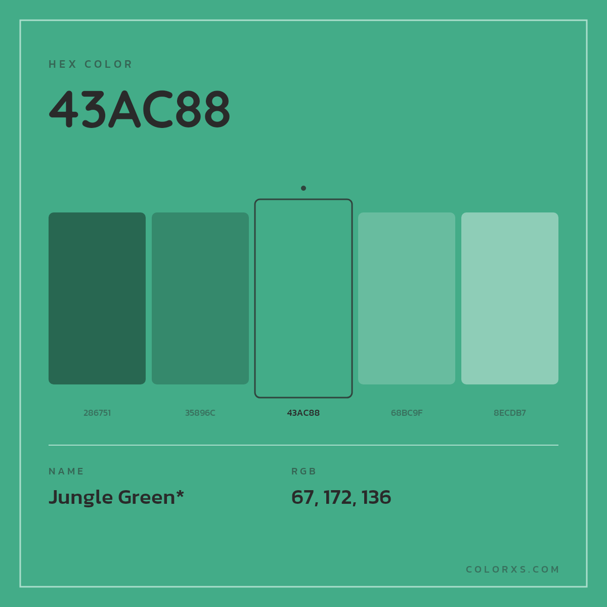 #43AC88 hex color. RGB, RYB, CMYK, HSL, HSV codes and color conversions. Matching color names, palettes, paints.
