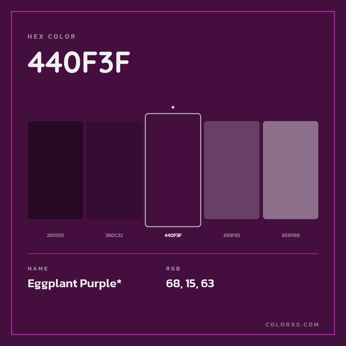 #440F3F hex color. RGB, RYB, CMYK, HSL, HSV codes and color conversions. Matching color names, palettes, paints.