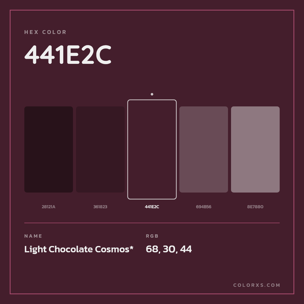 #441E2C hex color. RGB, RYB, CMYK, HSL, HSV codes and color conversions. Matching color names, palettes, paints.