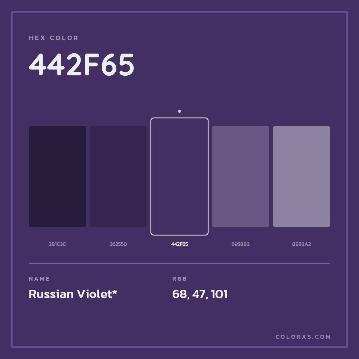 #442F65 hex color. RGB, RYB, CMYK, HSL, HSV codes and color conversions. Matching color names, palettes, paints.