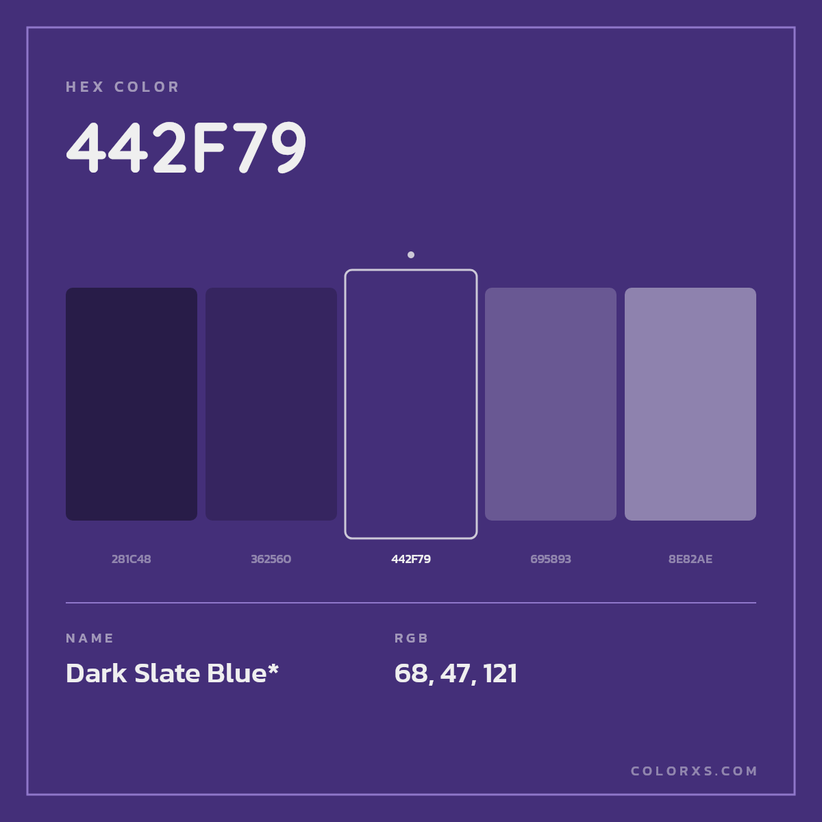 #442F79 hex color. RGB, RYB, CMYK, HSL, HSV codes and color conversions. Matching color names, palettes, paints.