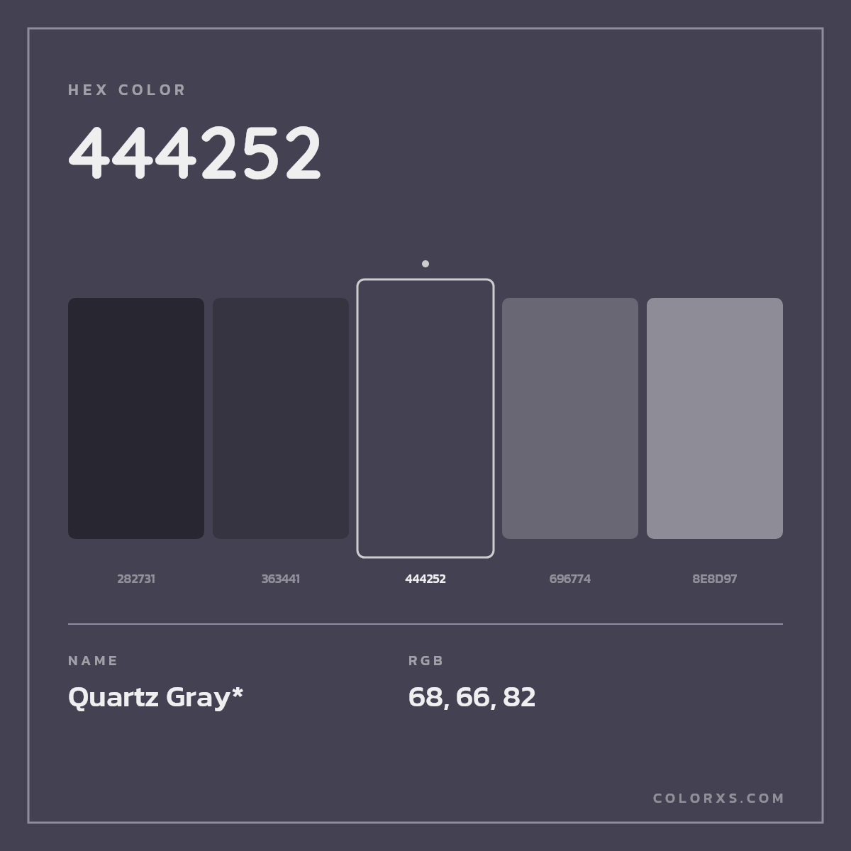 #444252 hex color. RGB, RYB, CMYK, HSL, HSV codes and color conversions. Matching color names, palettes, paints.