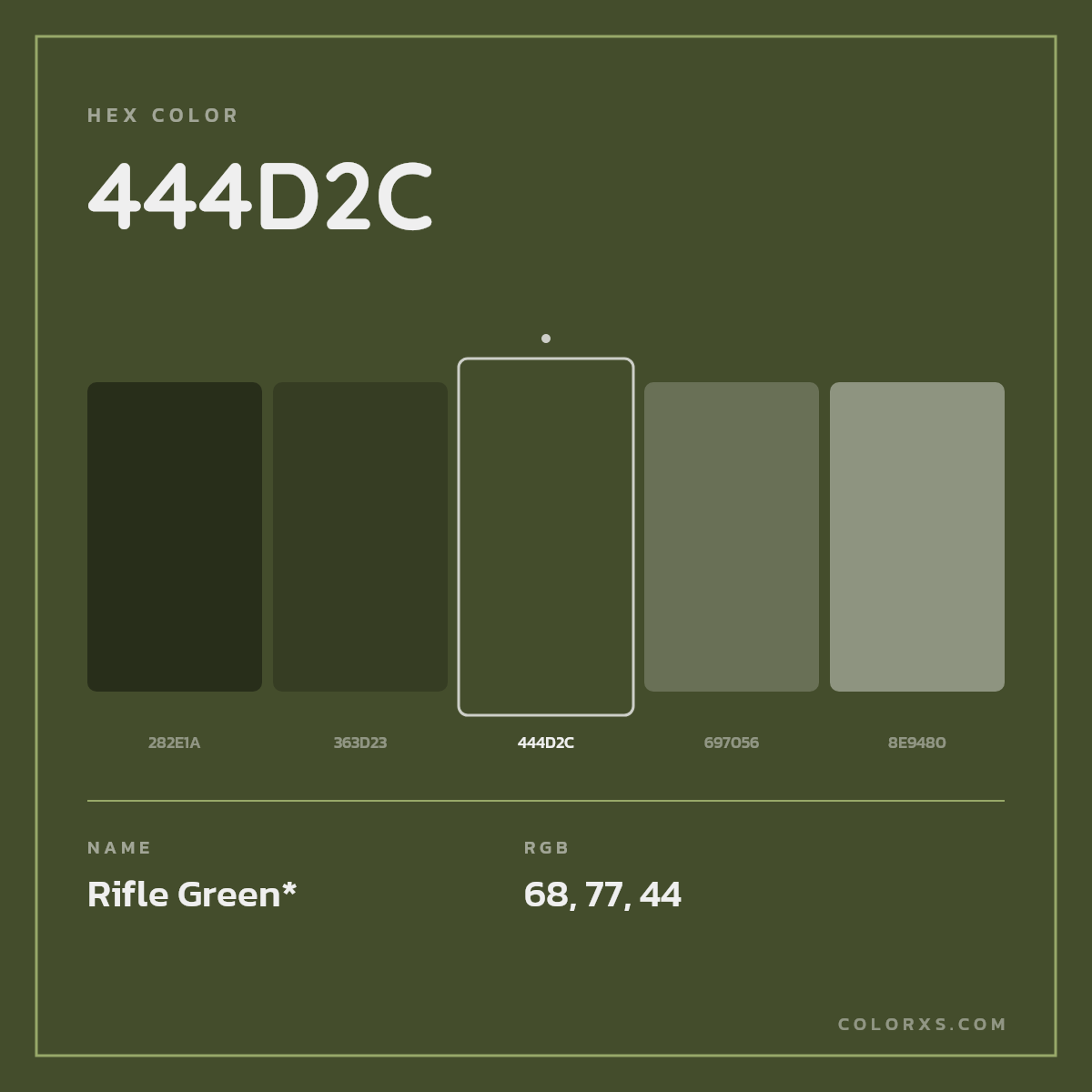 #444D2C hex color. RGB, RYB, CMYK, HSL, HSV codes and color conversions. Matching color names, palettes, paints.