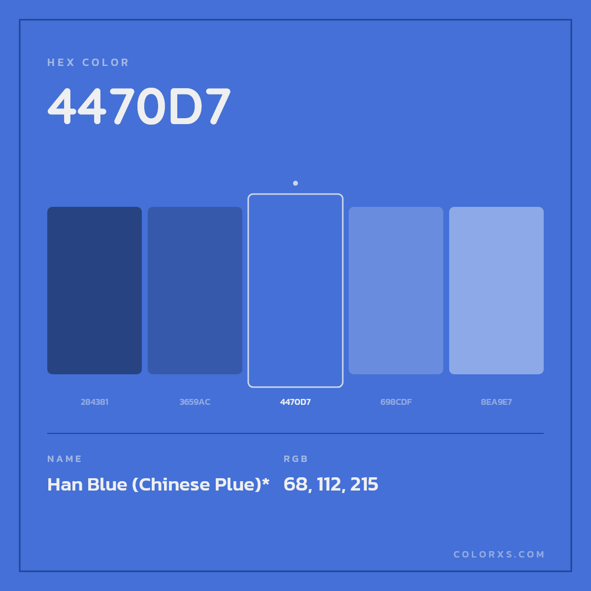 #4470D7 hex color. RGB, RYB, CMYK, HSL, HSV codes and color conversions. Matching color names, palettes, paints.