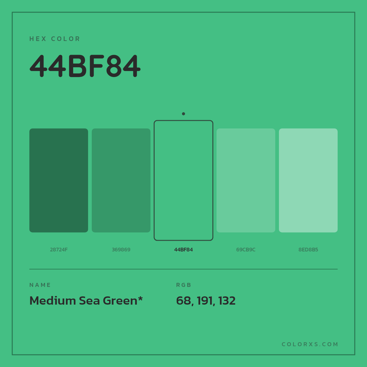 #44BF84 hex color. RGB, RYB, CMYK, HSL, HSV codes and color conversions. Matching color names, palettes, paints.