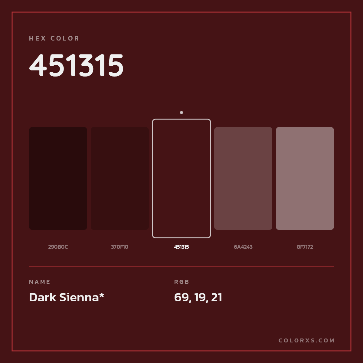 #451315 hex color. RGB, RYB, CMYK, HSL, HSV codes and color conversions. Matching color names, palettes, paints.
