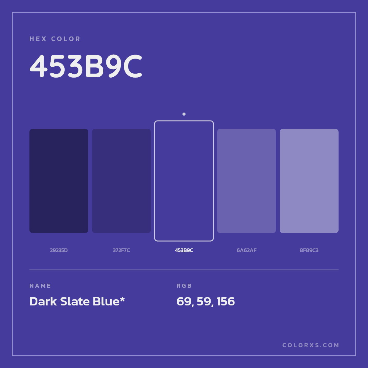#453B9C hex color. RGB, RYB, CMYK, HSL, HSV codes and color conversions. Matching color names, palettes, paints.