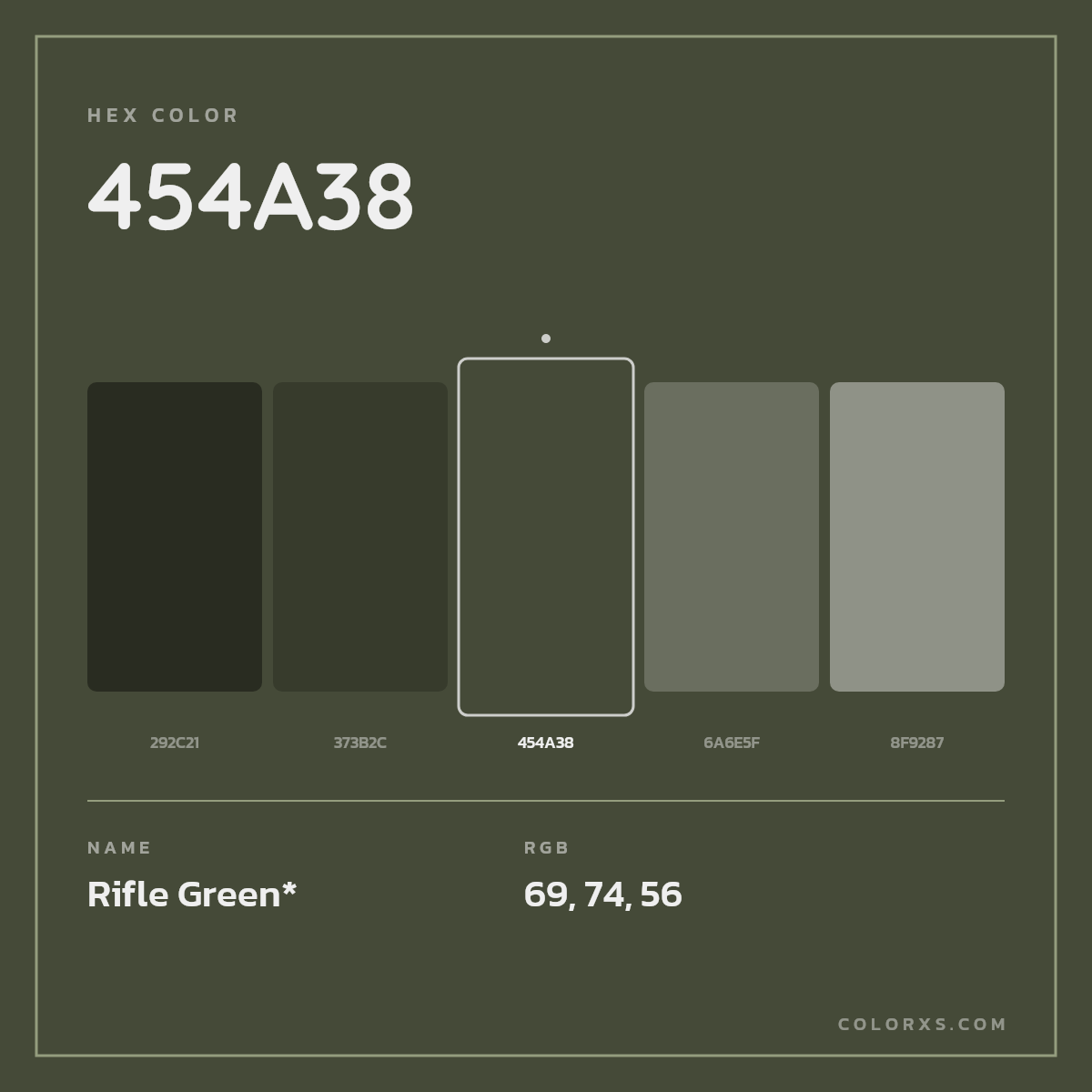 #454A38 hex color. RGB, RYB, CMYK, HSL, HSV codes and color conversions. Matching color names, palettes, paints.