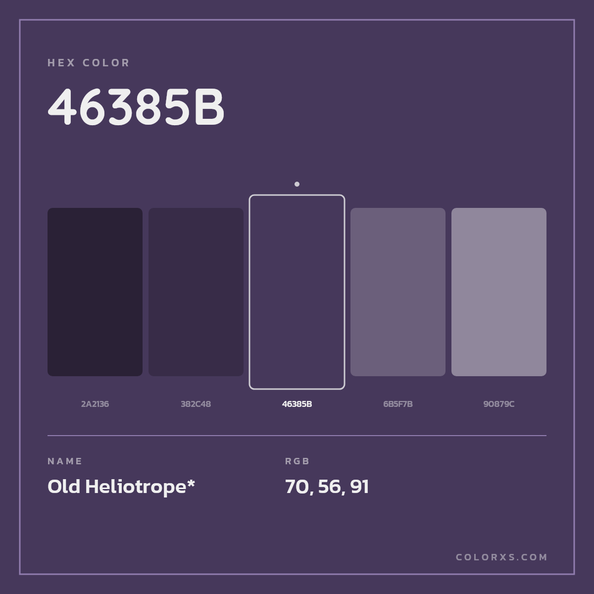 #46385B hex color. RGB, RYB, CMYK, HSL, HSV codes and color conversions. Matching color names, palettes, paints.