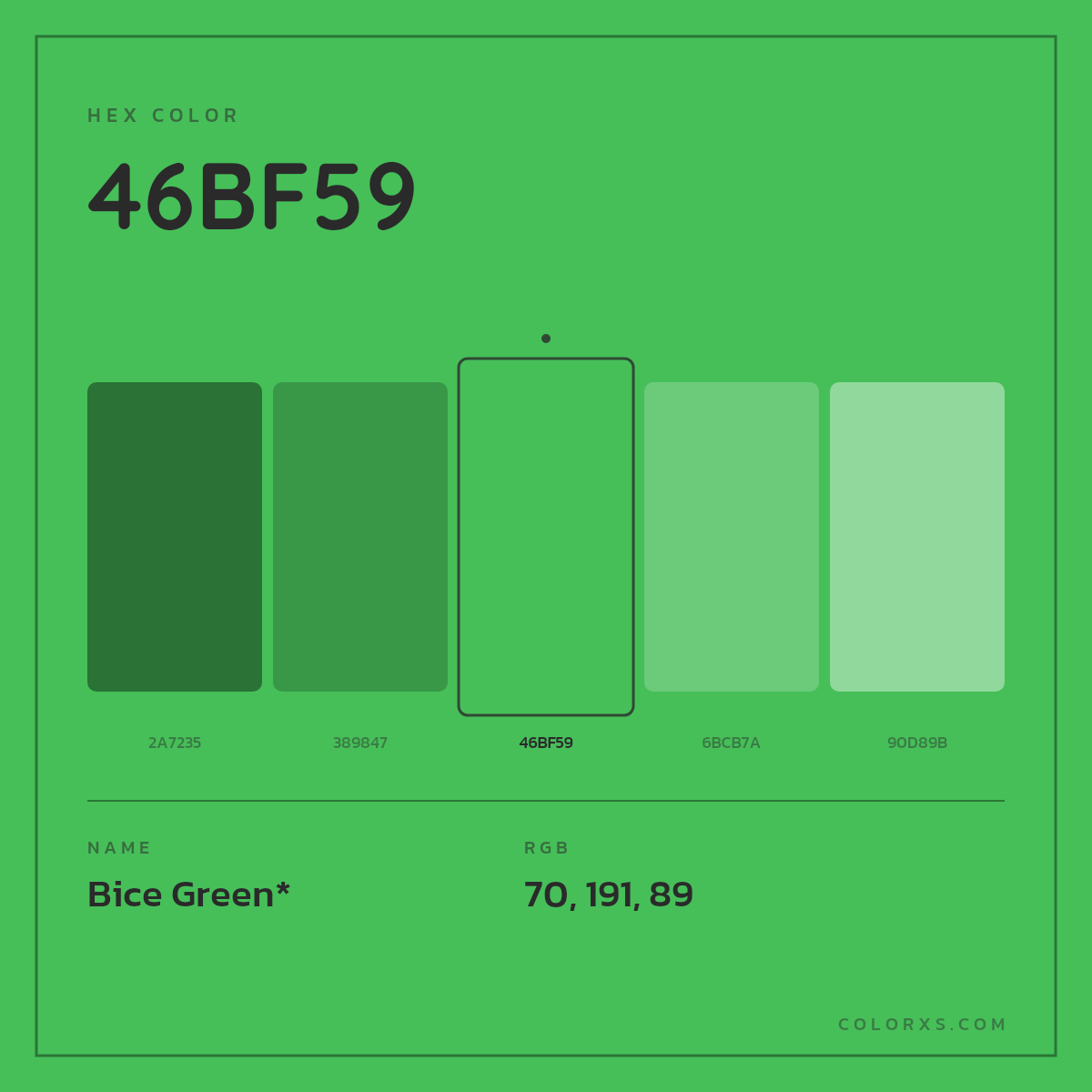 #46BF59 hex color. RGB, RYB, CMYK, HSL, HSV codes and color conversions. Matching color names, palettes, paints.