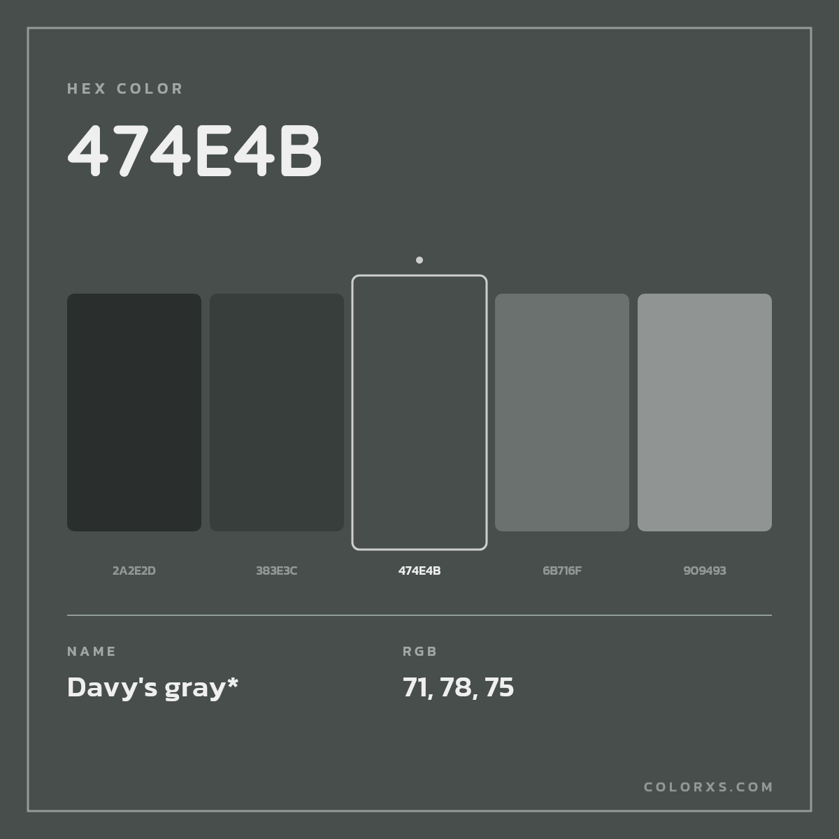 #474E4B hex color. RGB, RYB, CMYK, HSL, HSV codes and color conversions. Matching color names, palettes, paints.