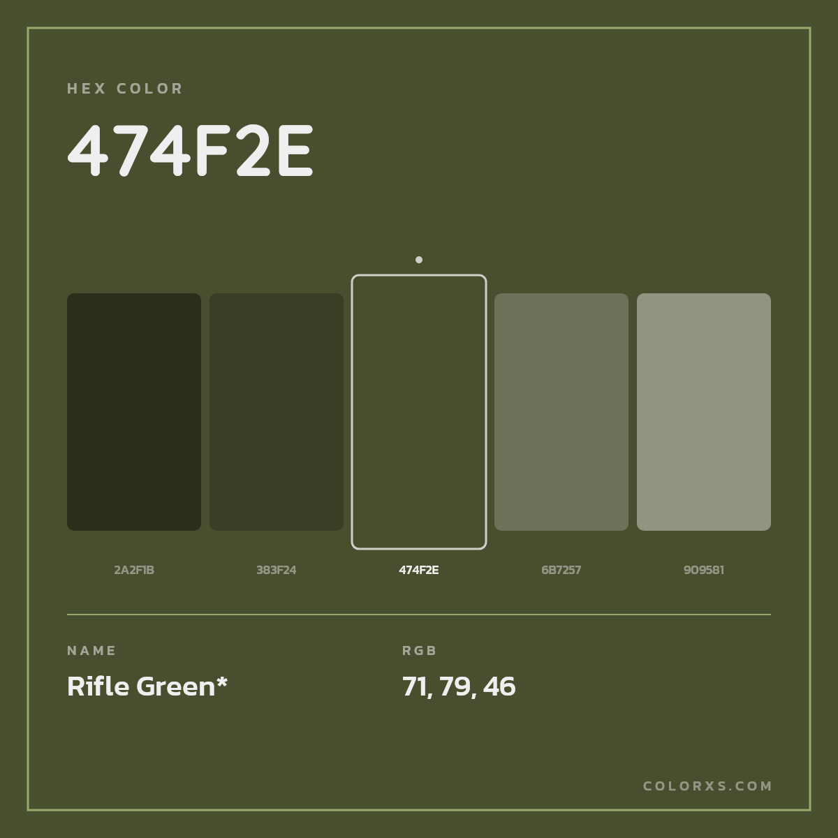 #474F2E hex color. RGB, RYB, CMYK, HSL, HSV codes and color conversions. Matching color names, palettes, paints.
