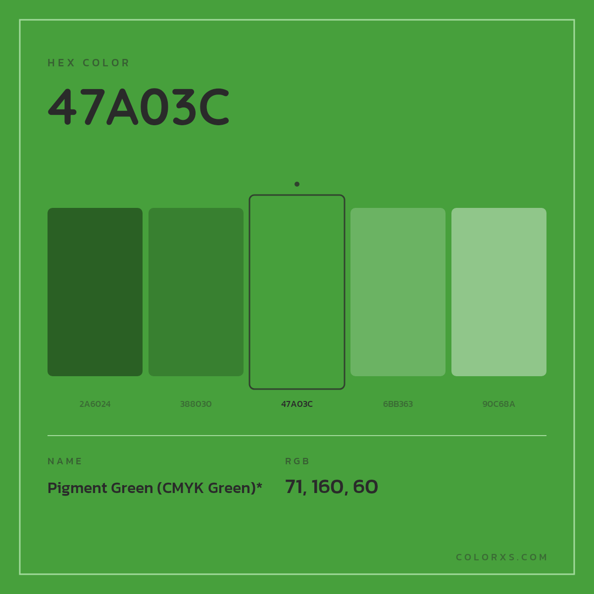 #47A03C hex color. RGB, RYB, CMYK, HSL, HSV codes and color conversions. Matching color names, palettes, paints.