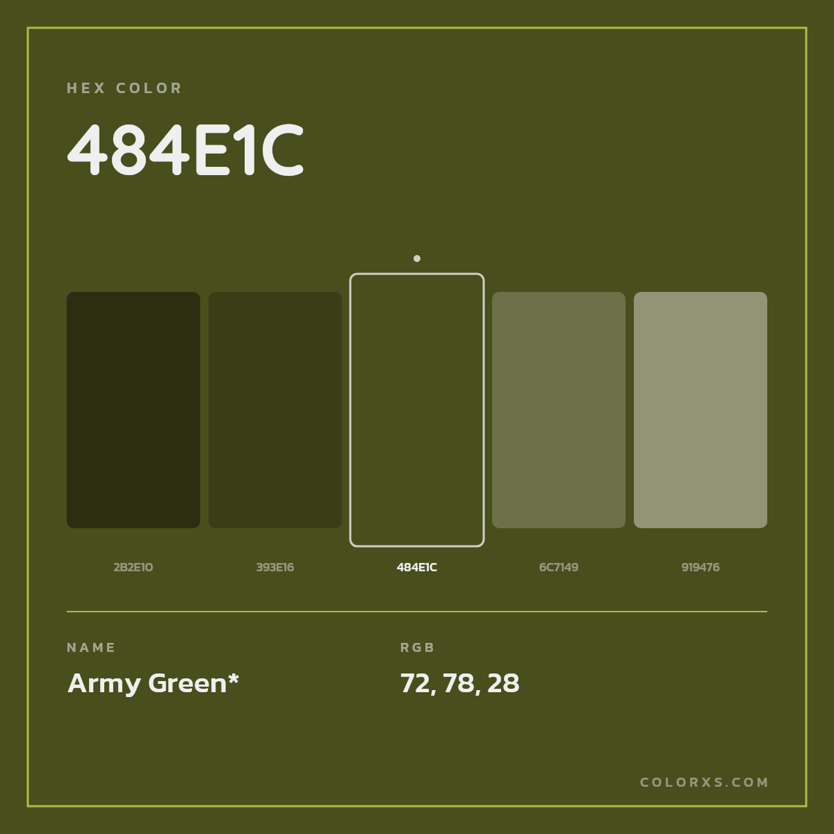 #484E1C hex color. RGB, RYB, CMYK, HSL, HSV codes and color conversions. Matching color names, palettes, paints.