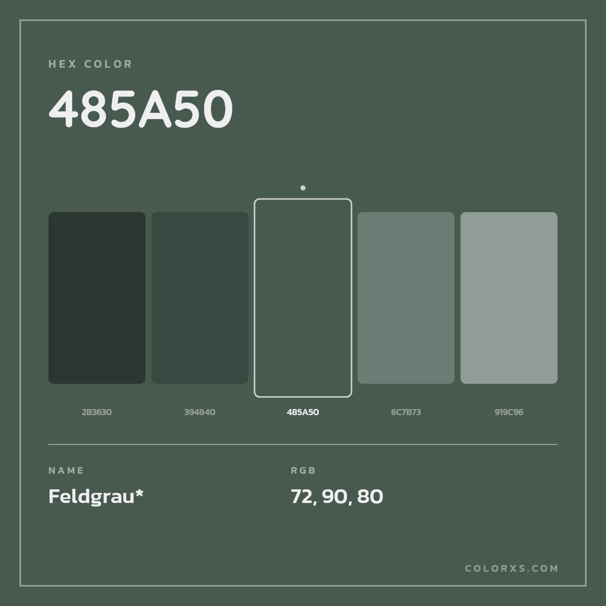 #485A50 hex color. RGB, RYB, CMYK, HSL, HSV codes and color conversions. Matching color names, palettes, paints.