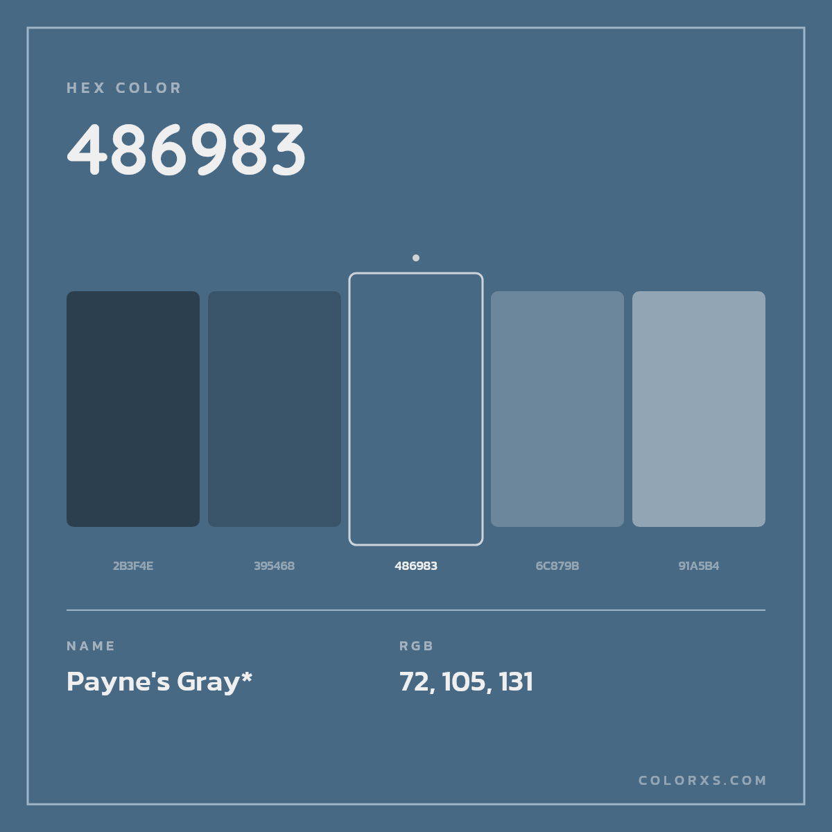 #486983 hex color. RGB, RYB, CMYK, HSL, HSV codes and color conversions. Matching color names, palettes, paints.