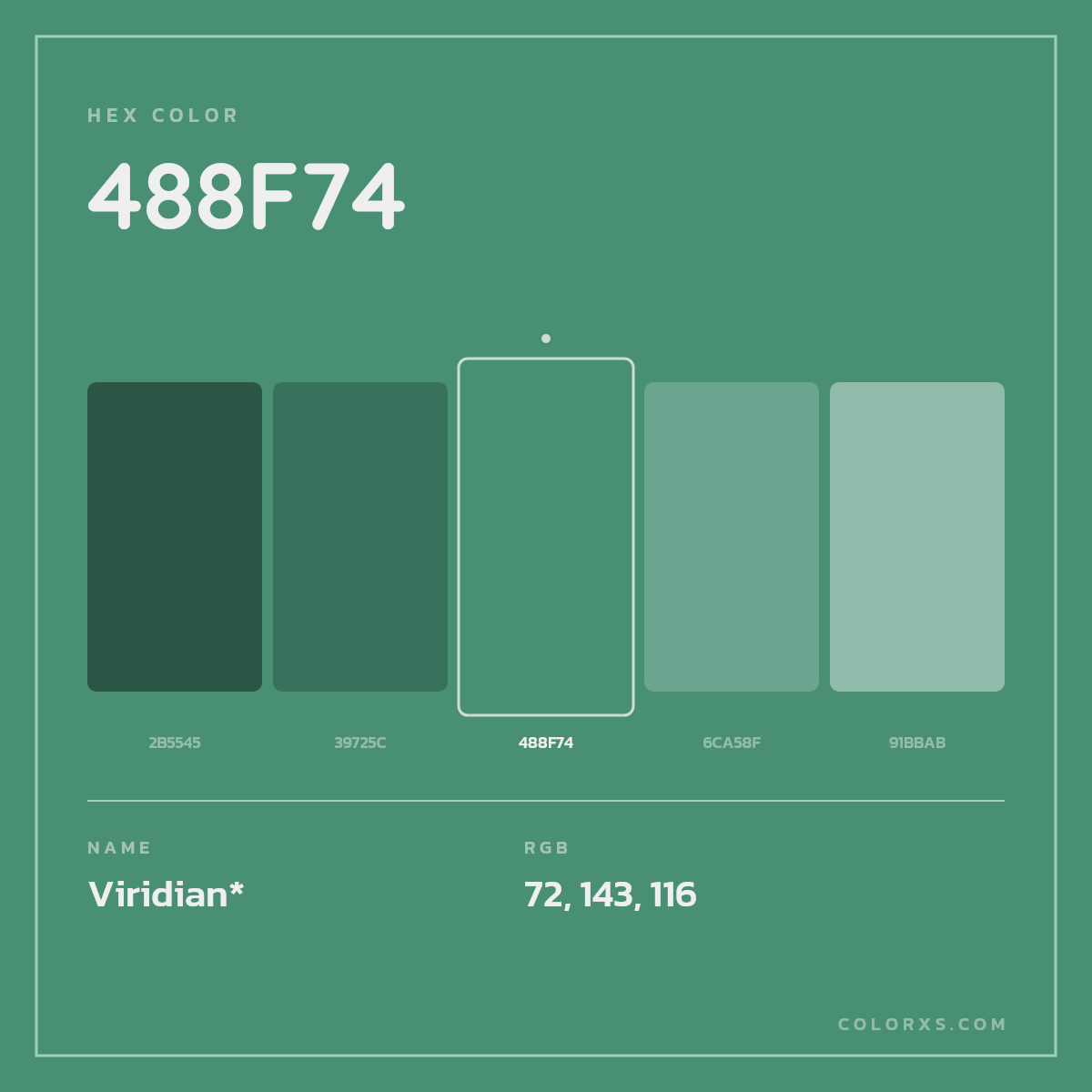 #488F74 hex color. RGB, RYB, CMYK, HSL, HSV codes and color conversions. Matching color names, palettes, paints.