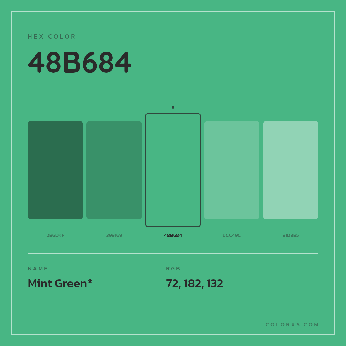 #48B684 hex color. RGB, RYB, CMYK, HSL, HSV codes and color conversions. Matching color names, palettes, paints.