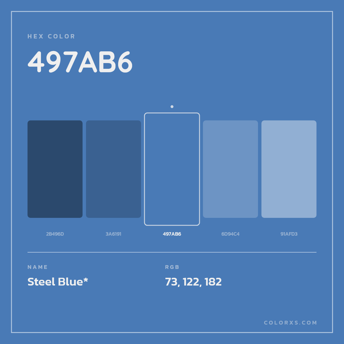 #497AB6 hex color. RGB, RYB, CMYK, HSL, HSV codes and color conversions. Matching color names, palettes, paints.
