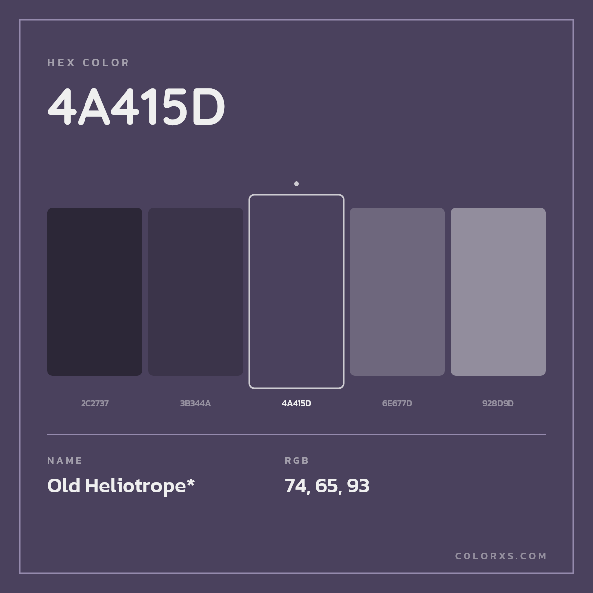 #4A415D hex color. RGB, RYB, CMYK, HSL, HSV codes and color conversions. Matching color names, palettes, paints.