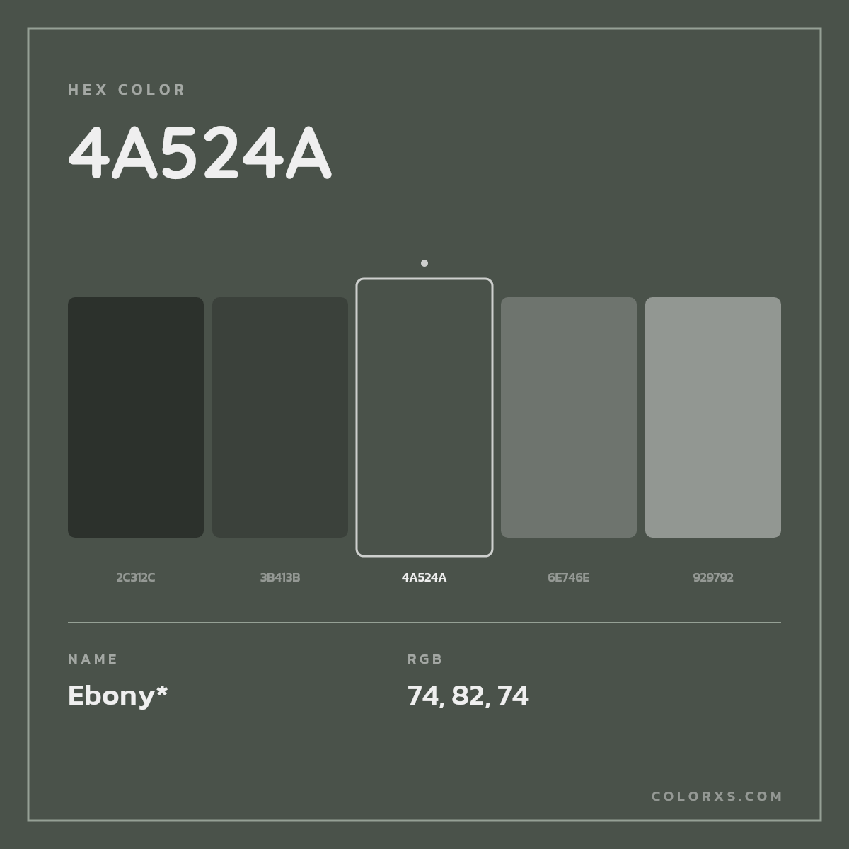 #4A524A hex color. RGB, RYB, CMYK, HSL, HSV codes and color conversions. Matching color names, palettes, paints.