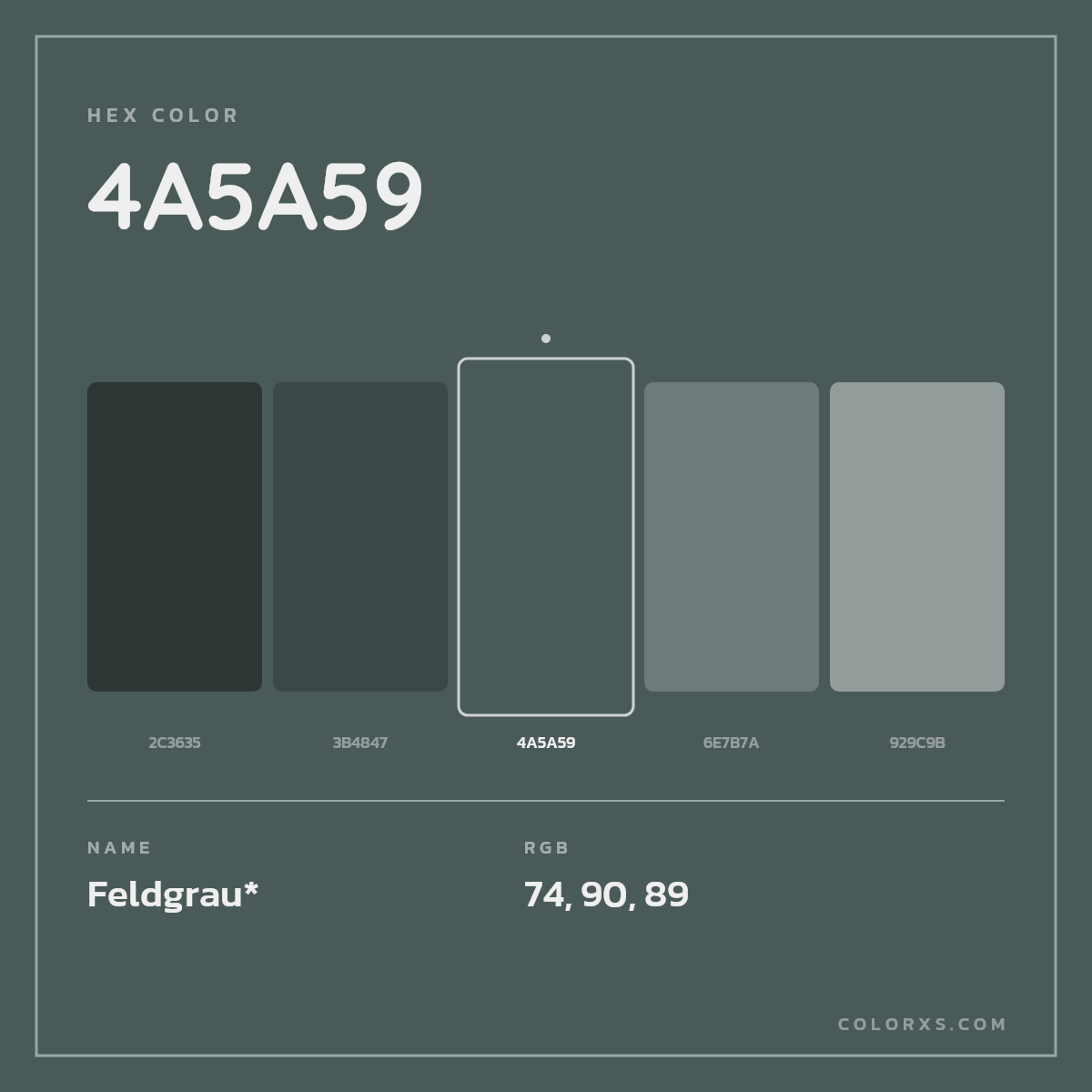 #4A5A59 hex color. RGB, RYB, CMYK, HSL, HSV codes and color conversions. Matching color names, palettes, paints.