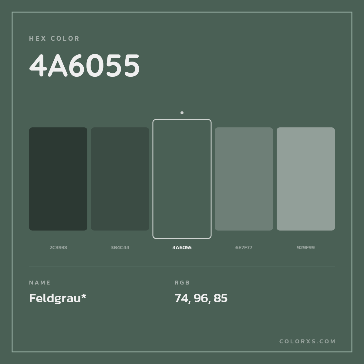 #4A6055 hex color. RGB, RYB, CMYK, HSL, HSV codes and color conversions. Matching color names, palettes, paints.