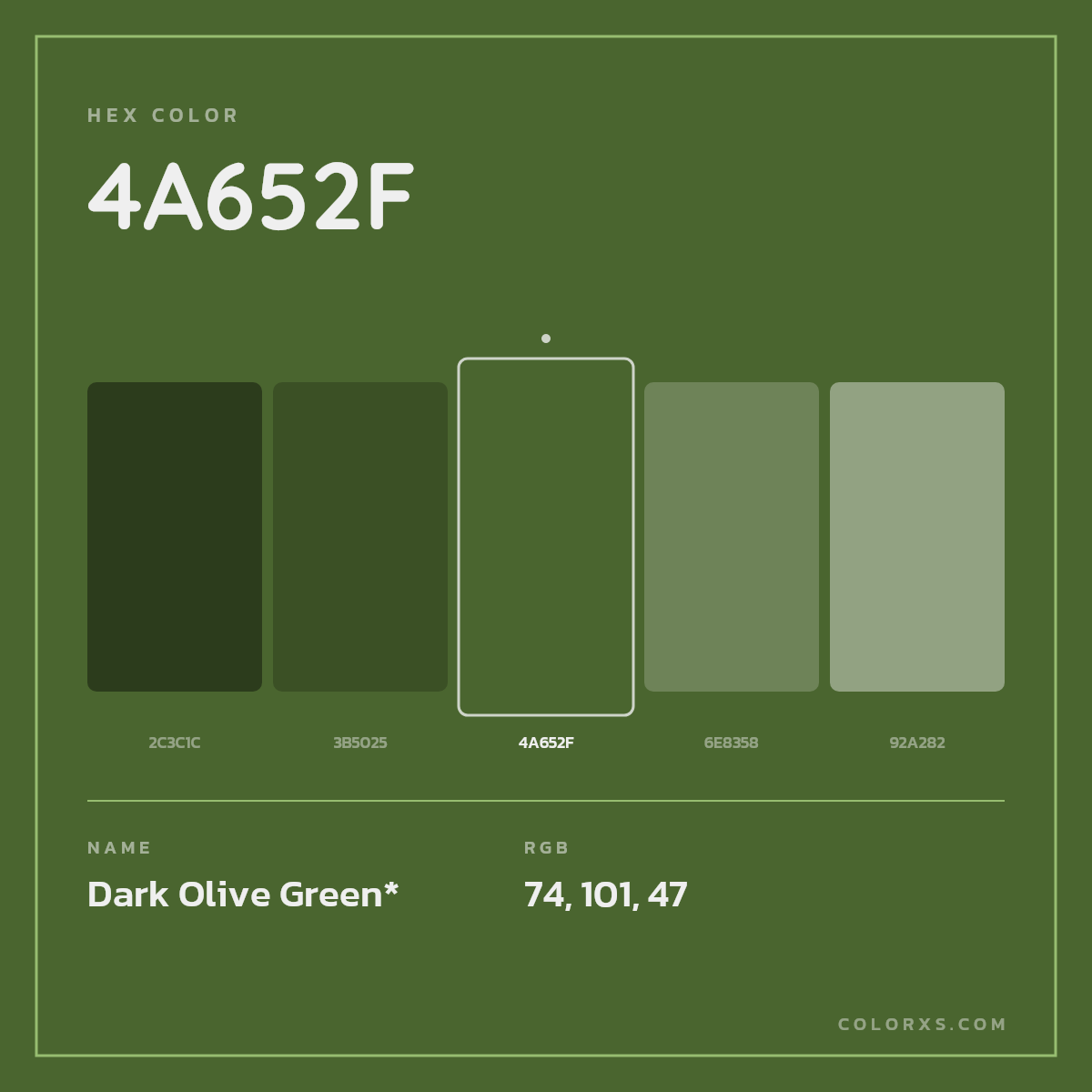 #4A652F hex color. RGB, RYB, CMYK, HSL, HSV codes and color conversions. Matching color names, palettes, paints.
