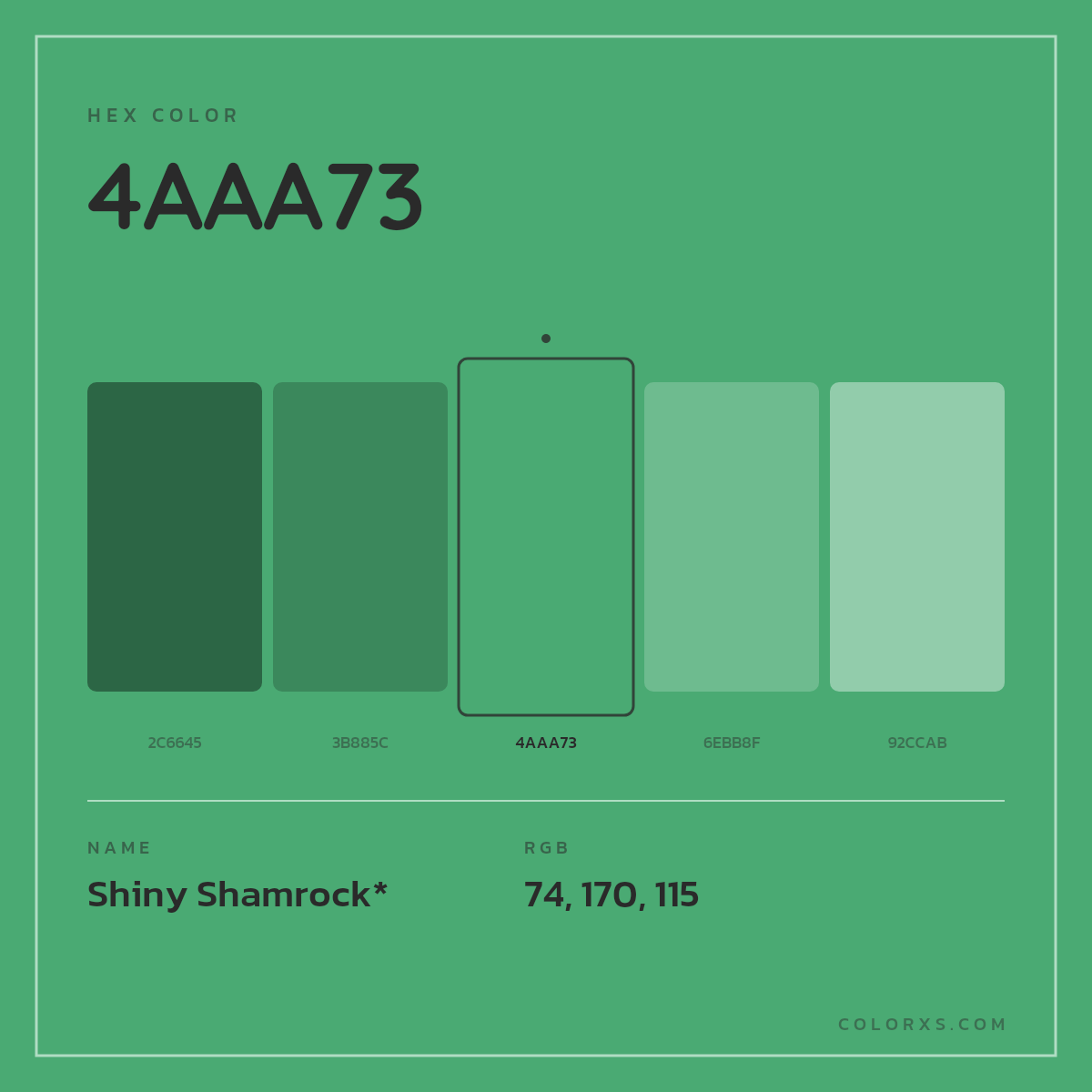 #4AAA73 hex color. RGB, RYB, CMYK, HSL, HSV codes and color conversions. Matching color names, palettes, paints.