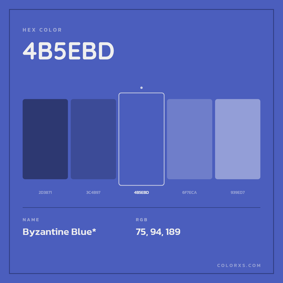 #4B5EBD hex color. RGB, RYB, CMYK, HSL, HSV codes and color conversions. Matching color names, palettes, paints.