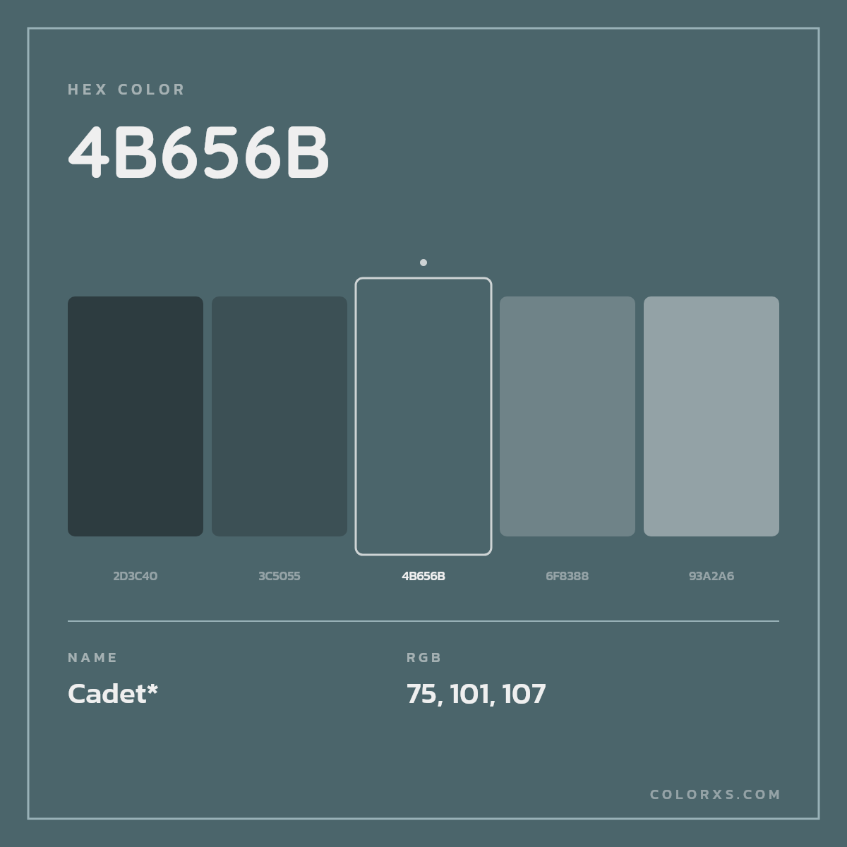 #4B656B hex color. RGB, RYB, CMYK, HSL, HSV codes and color conversions. Matching color names, palettes, paints.