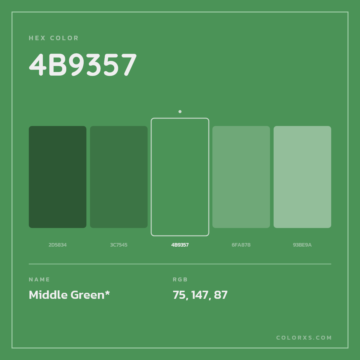 #4B9357 hex color. RGB, RYB, CMYK, HSL, HSV codes and color conversions. Matching color names, palettes, paints.