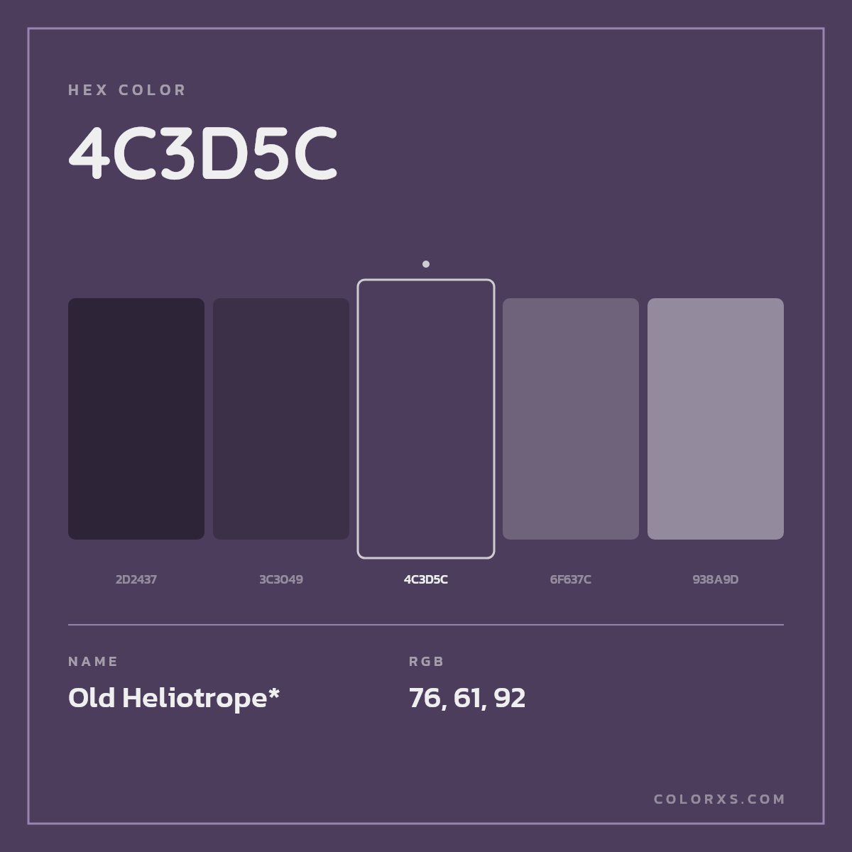 #4C3D5C hex color. RGB, RYB, CMYK, HSL, HSV codes and color conversions. Matching color names, palettes, paints.