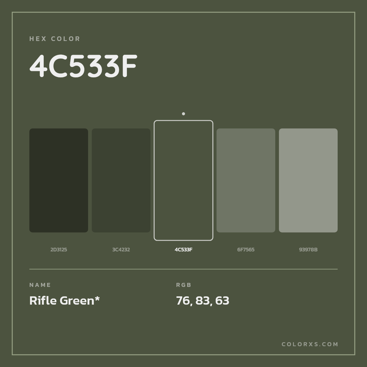 #4C533F hex color. RGB, RYB, CMYK, HSL, HSV codes and color conversions. Matching color names, palettes, paints.