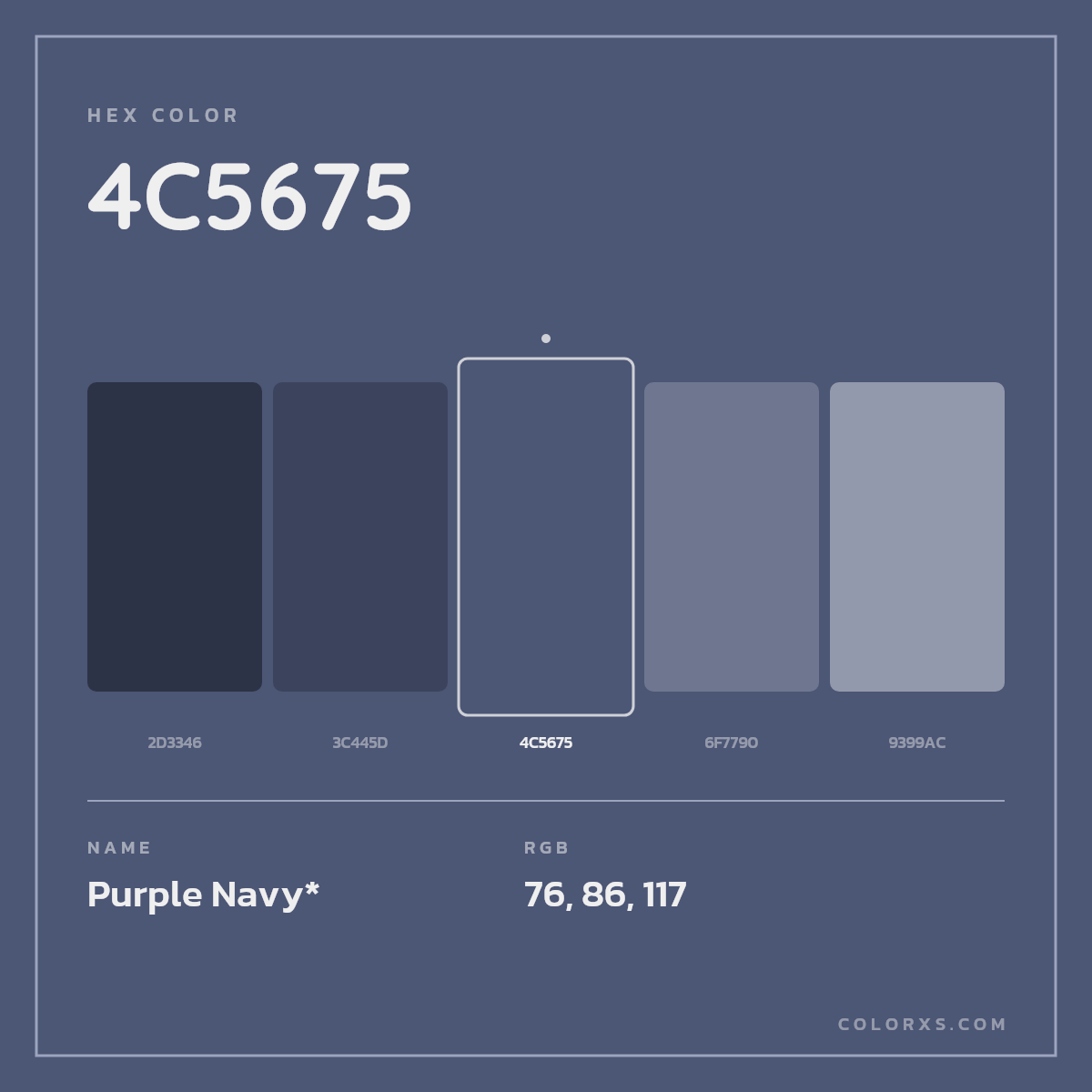 #4C5675 hex color. RGB, RYB, CMYK, HSL, HSV codes and color conversions. Matching color names, palettes, paints.