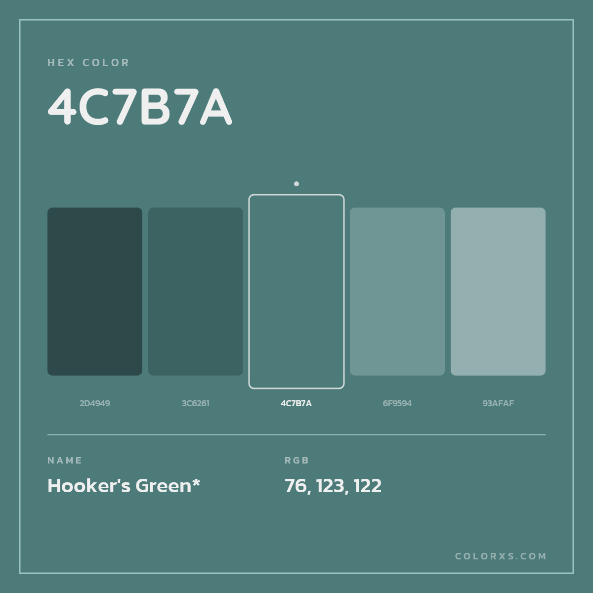 #4C7B7A hex color. RGB, RYB, CMYK, HSL, HSV codes and color conversions. Matching color names, palettes, paints.