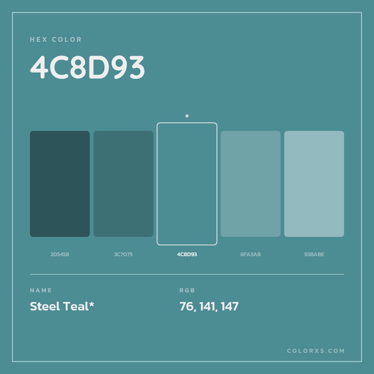 #4C8D93 hex color. RGB, RYB, CMYK, HSL, HSV codes and color conversions. Matching color names, palettes, paints.