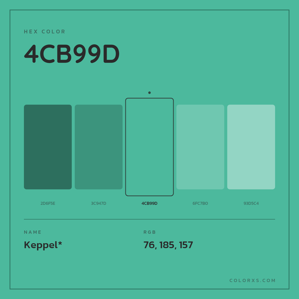 #4CB99D hex color. RGB, RYB, CMYK, HSL, HSV codes and color conversions. Matching color names, palettes, paints.