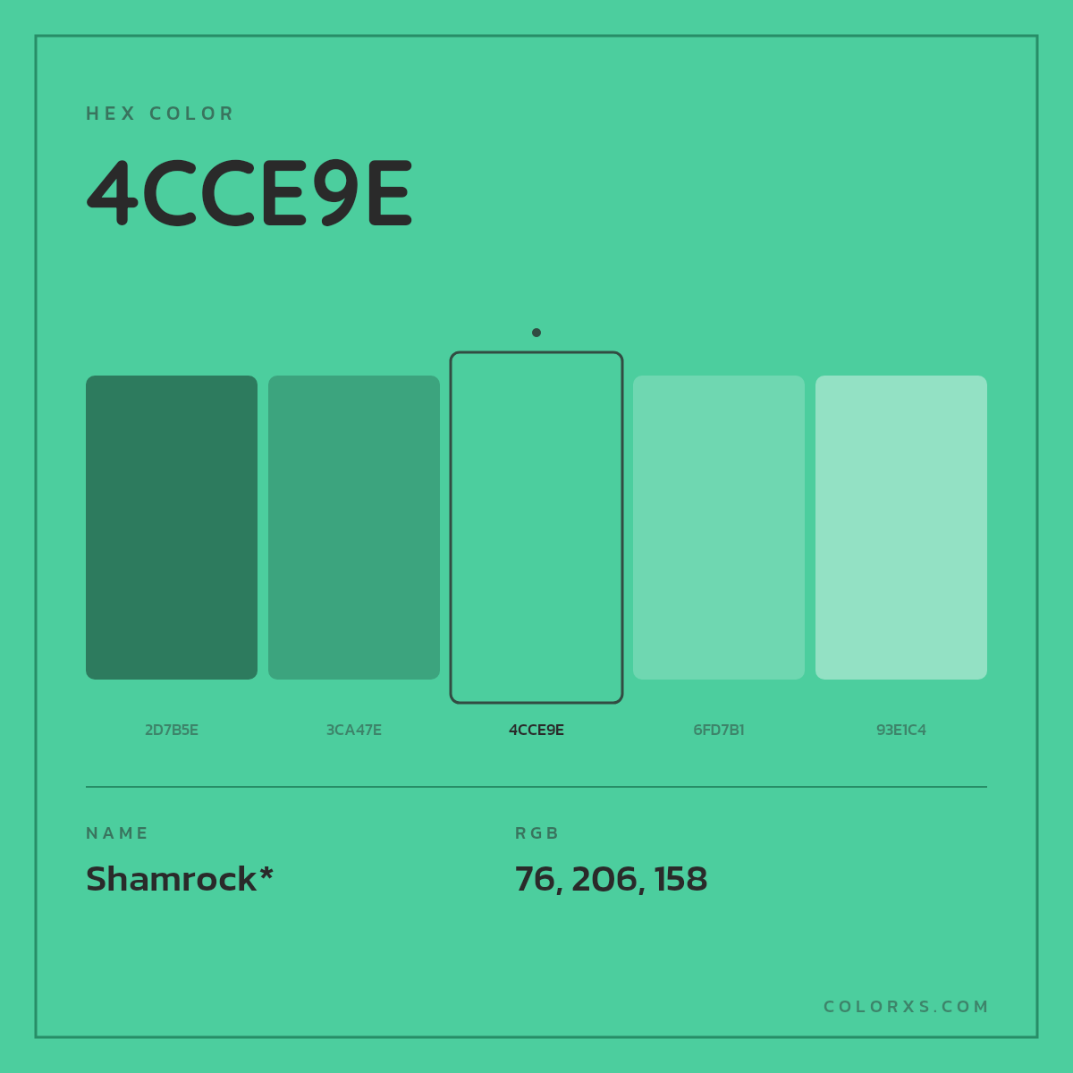 #4CCE9E hex color. RGB, RYB, CMYK, HSL, HSV codes and color conversions. Matching color names, palettes, paints.