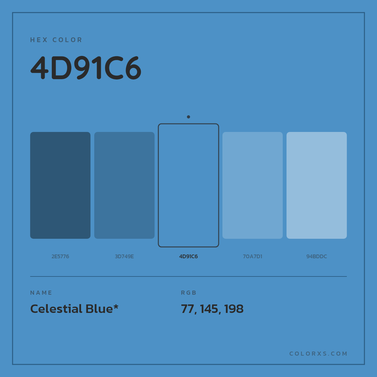 #4D91C6 hex color. RGB, RYB, CMYK, HSL, HSV codes and color conversions. Matching color names, palettes, paints.