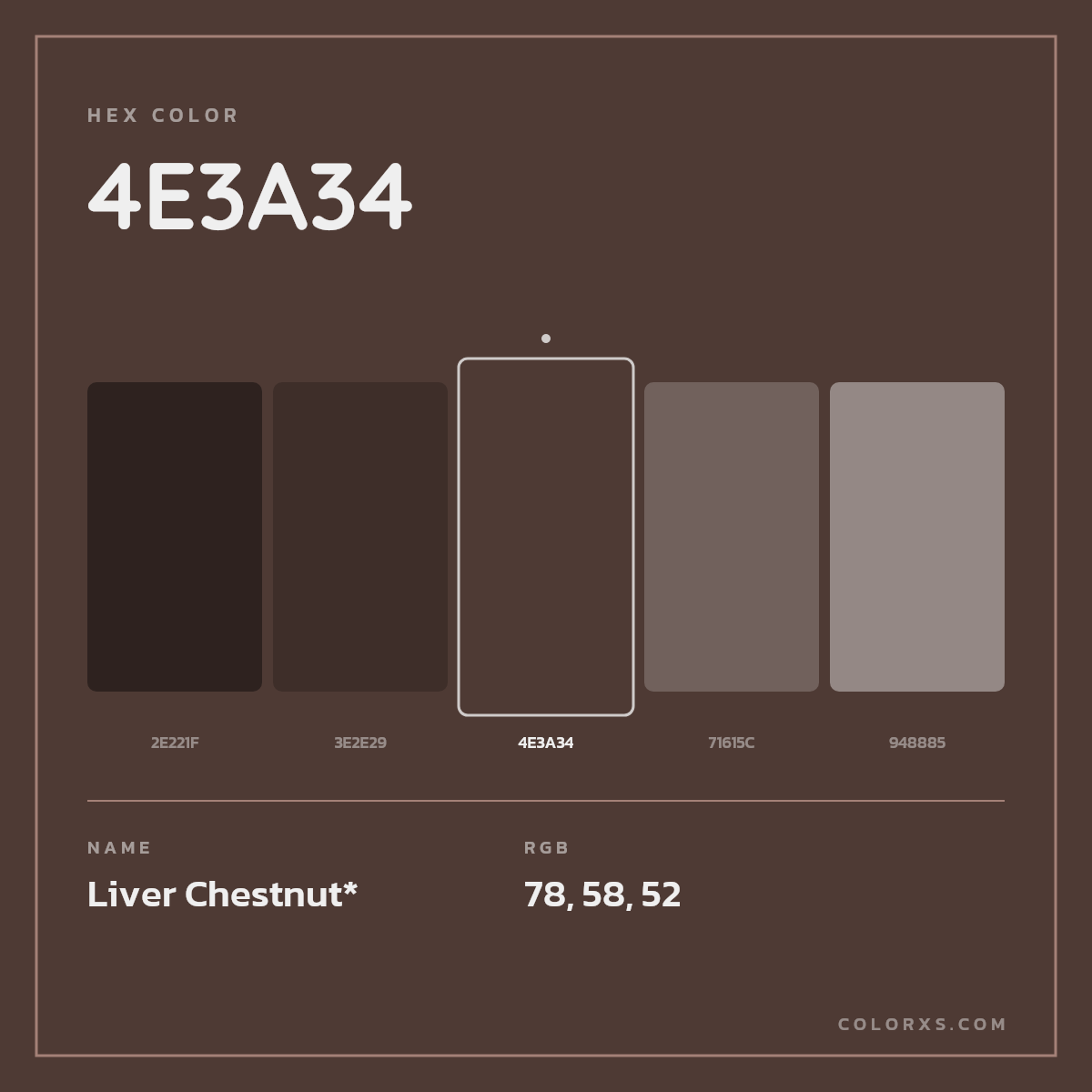 #4E3A34 hex color. RGB, RYB, CMYK, HSL, HSV codes and color conversions. Matching color names, palettes, paints.