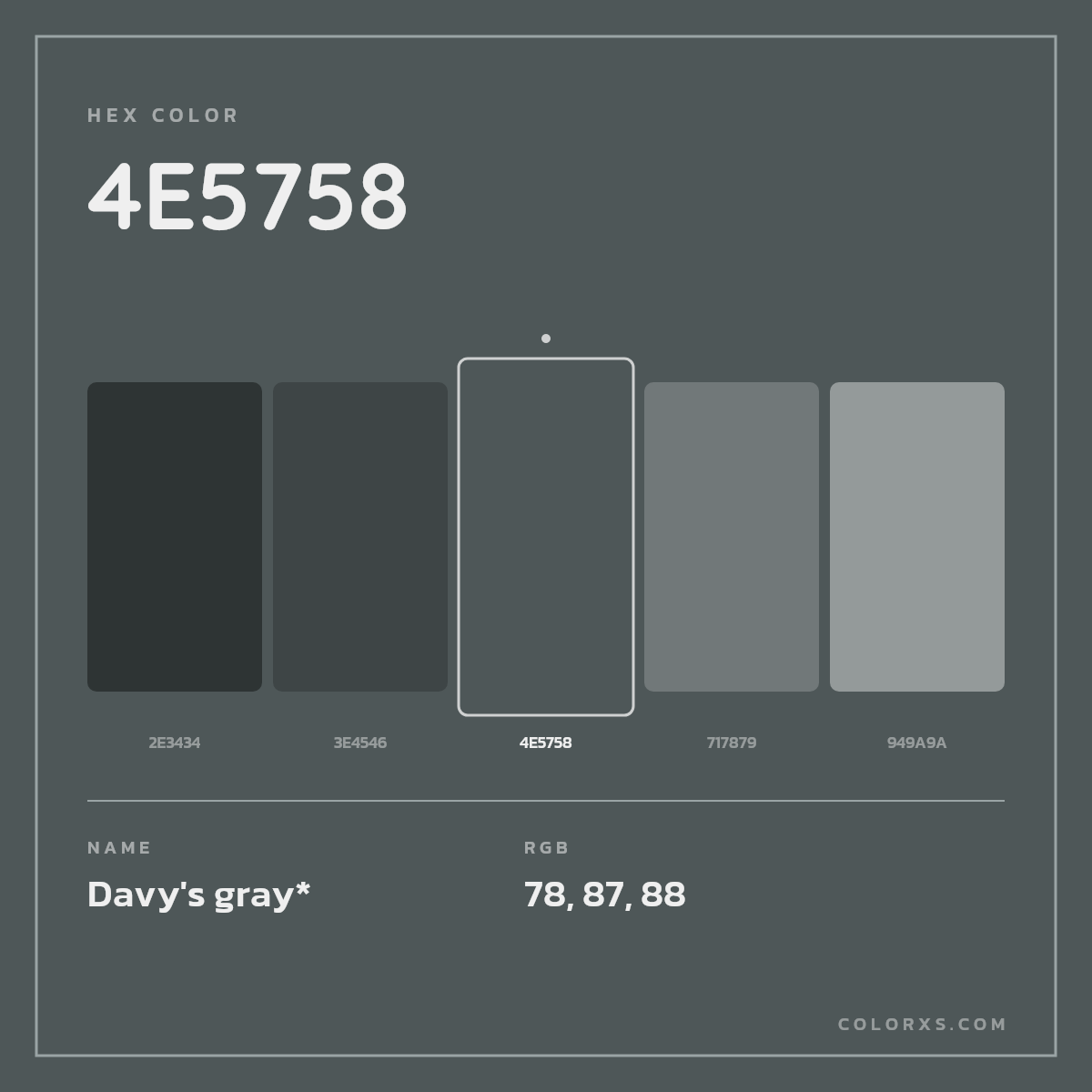 #4E5758 hex color. RGB, RYB, CMYK, HSL, HSV codes and color conversions. Matching color names, palettes, paints.