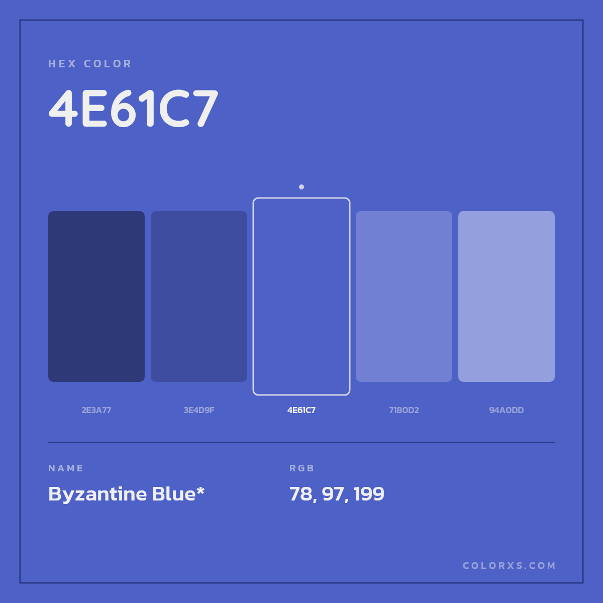 #4E61C7 hex color. RGB, RYB, CMYK, HSL, HSV codes and color conversions. Matching color names, palettes, paints.