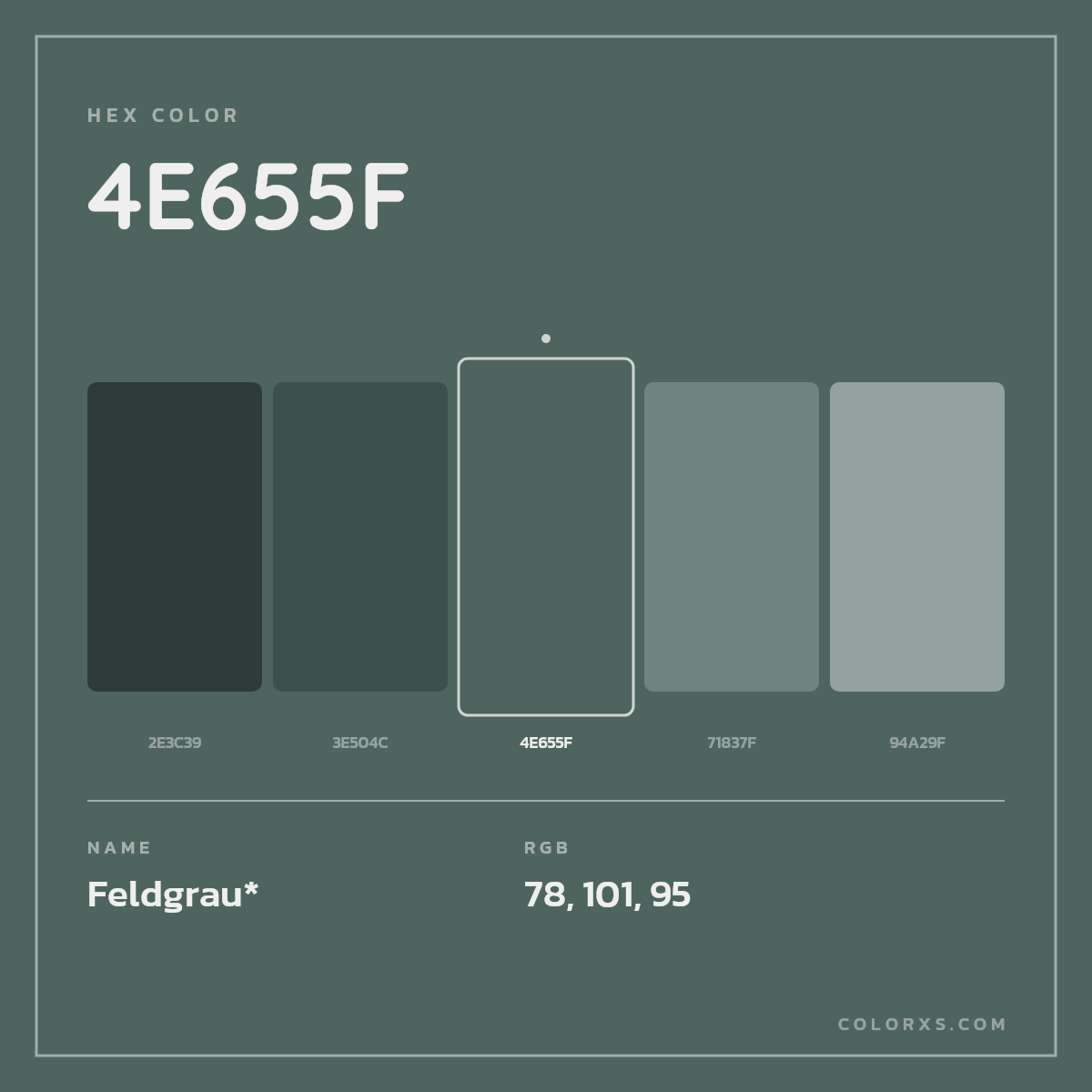 #4E655F hex color. RGB, RYB, CMYK, HSL, HSV codes and color conversions. Matching color names, palettes, paints.