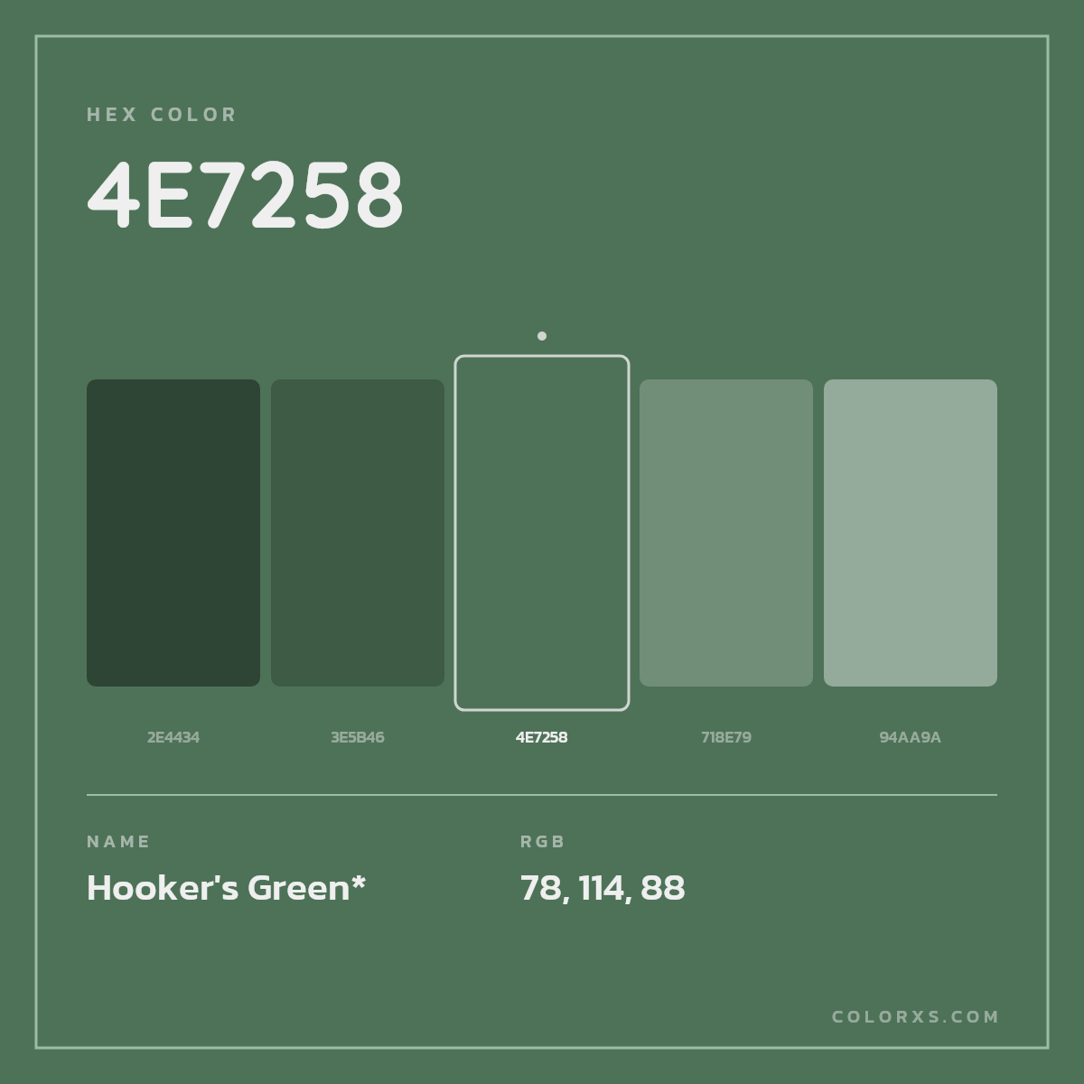 #4E7258 hex color. RGB, RYB, CMYK, HSL, HSV codes and color conversions. Matching color names, palettes, paints.