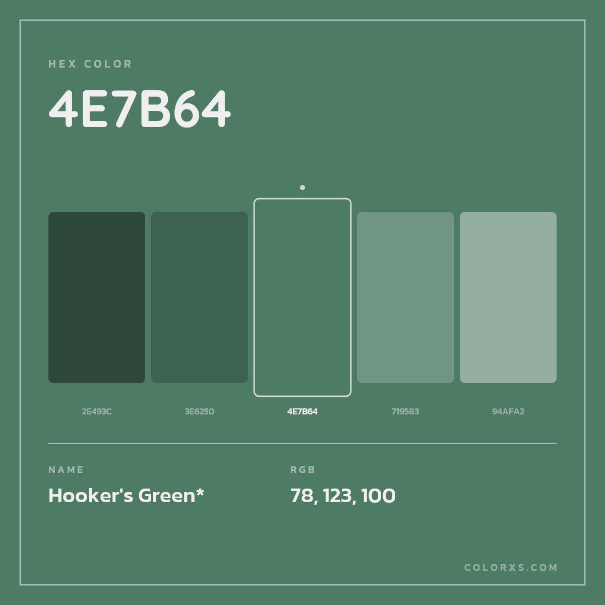 #4E7B64 hex color. RGB, RYB, CMYK, HSL, HSV codes and color conversions. Matching color names, palettes, paints.
