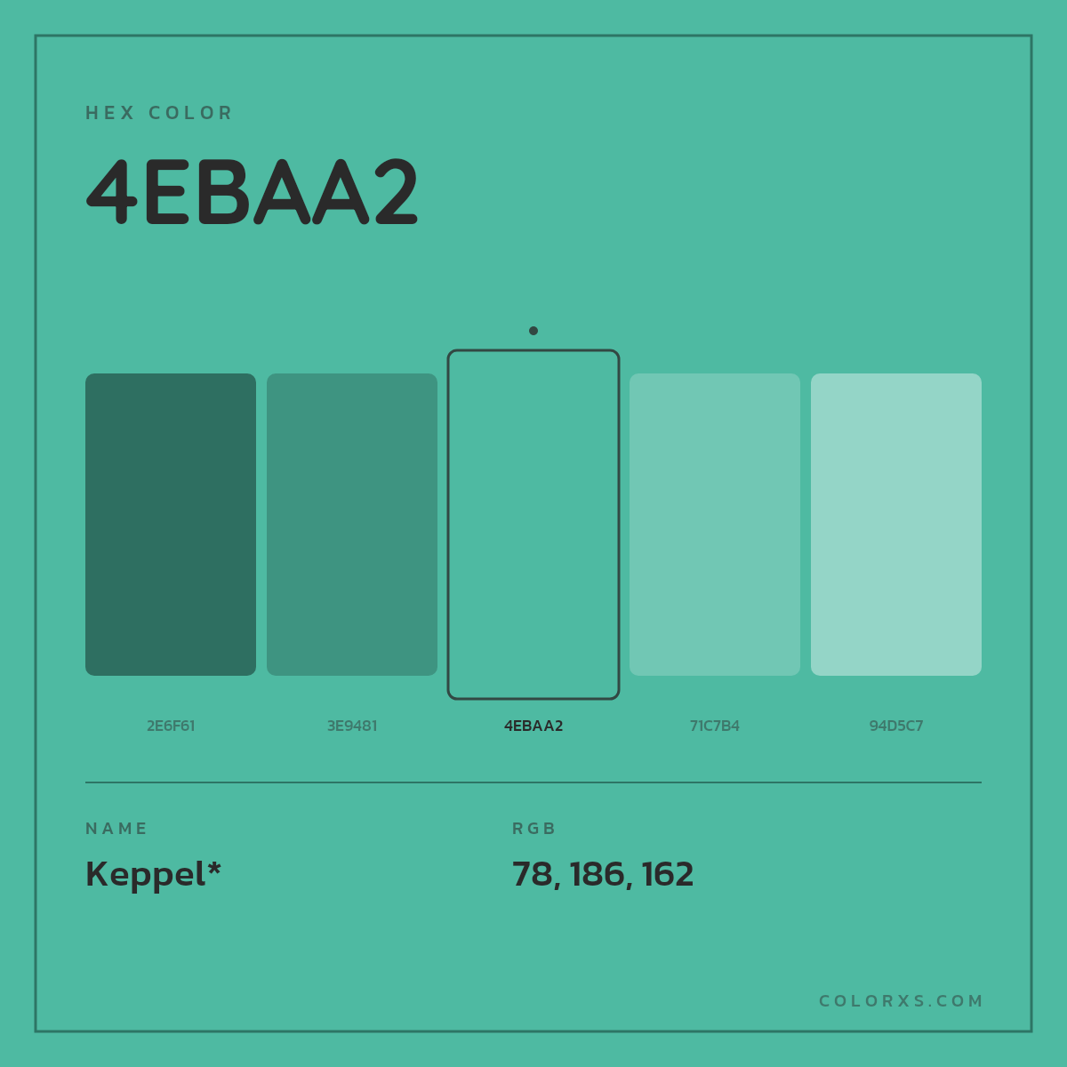 #4EBAA2 hex color. RGB, RYB, CMYK, HSL, HSV codes and color conversions. Matching color names, palettes, paints.