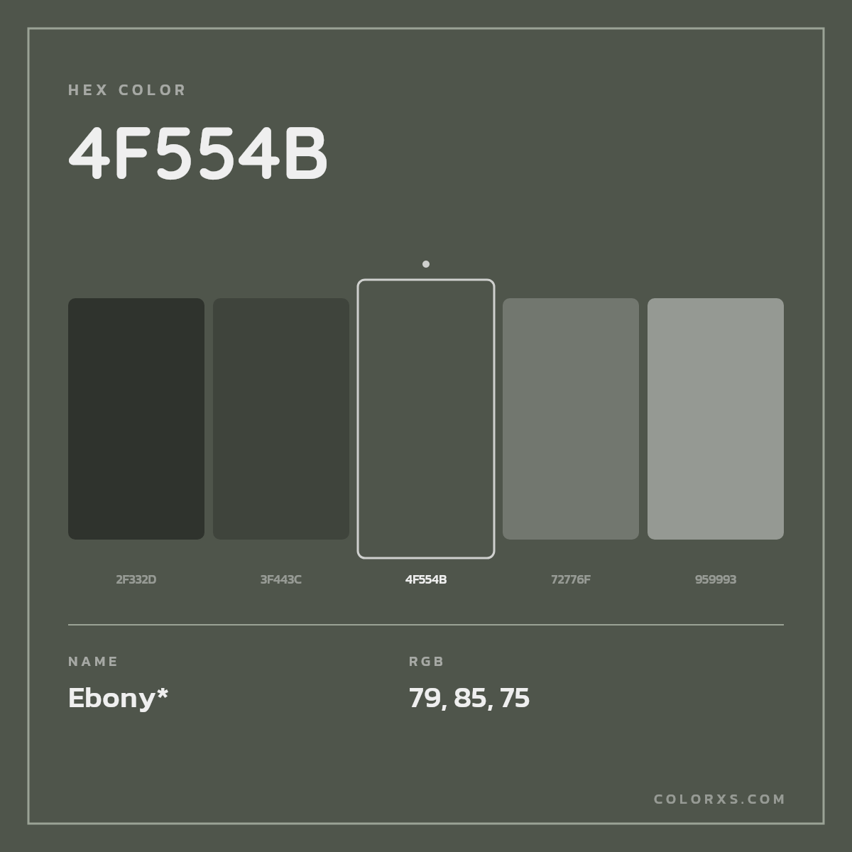 #4F554B hex color. RGB, RYB, CMYK, HSL, HSV codes and color conversions. Matching color names, palettes, paints.