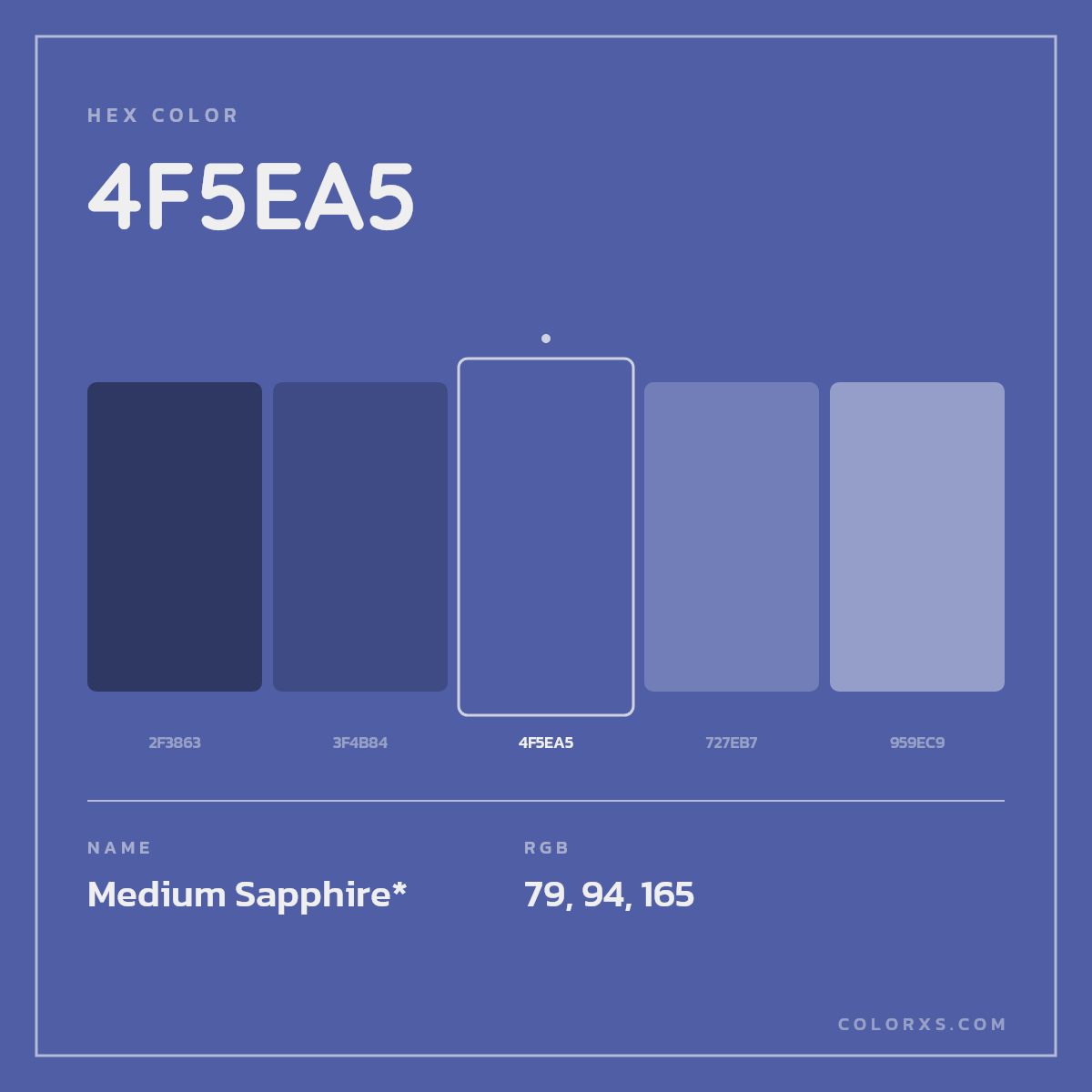 #4F5EA5 hex color. RGB, RYB, CMYK, HSL, HSV codes and color conversions. Matching color names, palettes, paints.